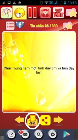 Gửi những câu chúc Tết hay trên Android: Bấm nút SMS (khoanh tròn) để gửi tin nhắn hài hước nếu đã hài lòng.
