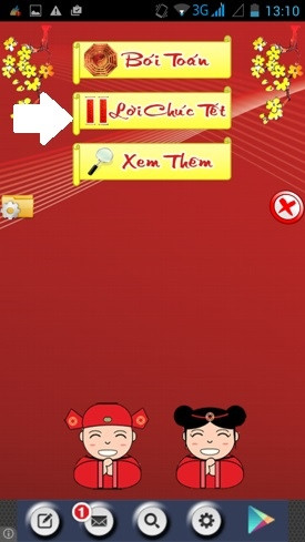 Gửi những câu chúc Tết hay trên Android: Ngoài giao diện chính của ứng dụng, hãy chọn mục Lời Chúc Tết (mũi tên).