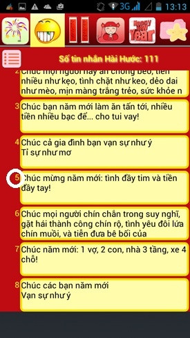 Gửi những câu chúc Tết hay trên Android: Hãy chọn một tin nhắn hài hước trong danh sách để xem chi tiết (trong hình ta chọn tin nhắn số 5).