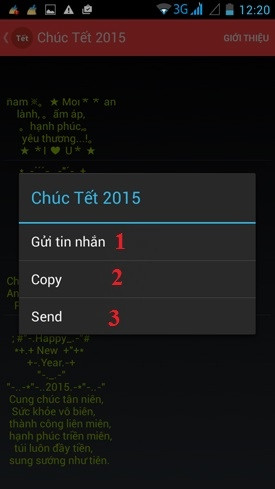 Gửi những câu chúc Tết hay trên Android: Bạn sẽ có 3 lựa chọn, gửi câu chúc Tết của mình qua tin nhắn (số 1), hoặc sao chép câu chúc Tết (số 2), hoặc gửi qua những đường khác (số 3).