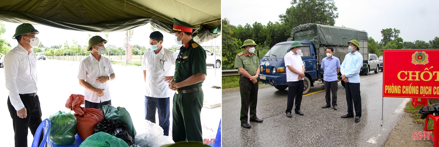 Phó Bí thư Thường trực Tỉnh ủy Trần Thế Dũng đến động viên lực lượng trực điểm chốt tại khu cách ly tập trung Trường Tiểu học Thạch Hưng, xã Thạch Hưng (TP Hà Tĩnh) (ảnh trái). Chủ tịch UBND tỉnh Hà Tĩnh Võ Trọng Hải đi kiểm tra và chỉ đạo công tác phòng chống dịch bệnh Covid-19 trên địa bàn huyện Hương Sơn (ảnh phải). Hà Tĩnh quyết liệt “chiến đấu” với virus SARS-CoV-2 siêu lây nhiễm