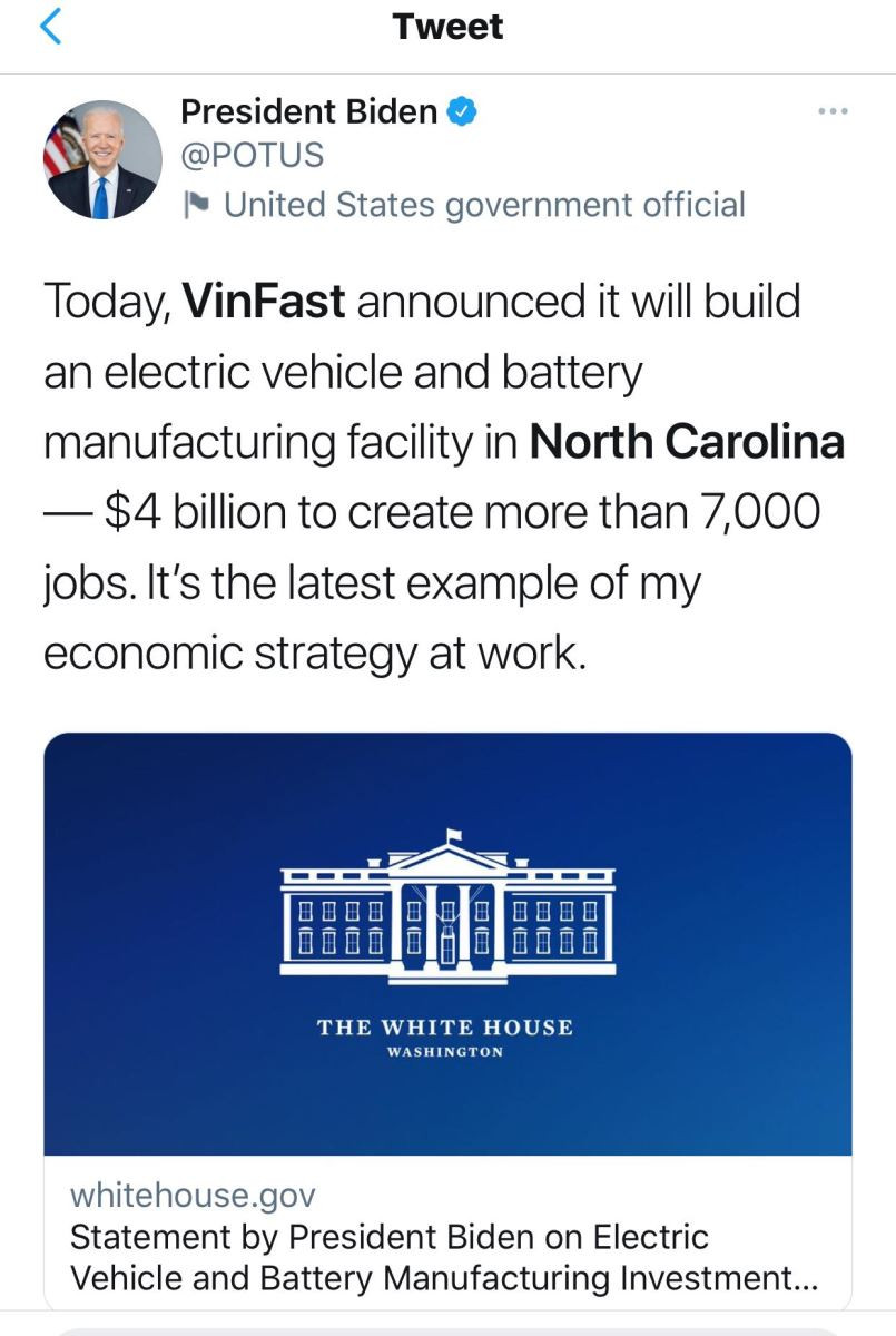 Tổng thống Biden đăng tweet Vinfast xây nhà máy sản xuất