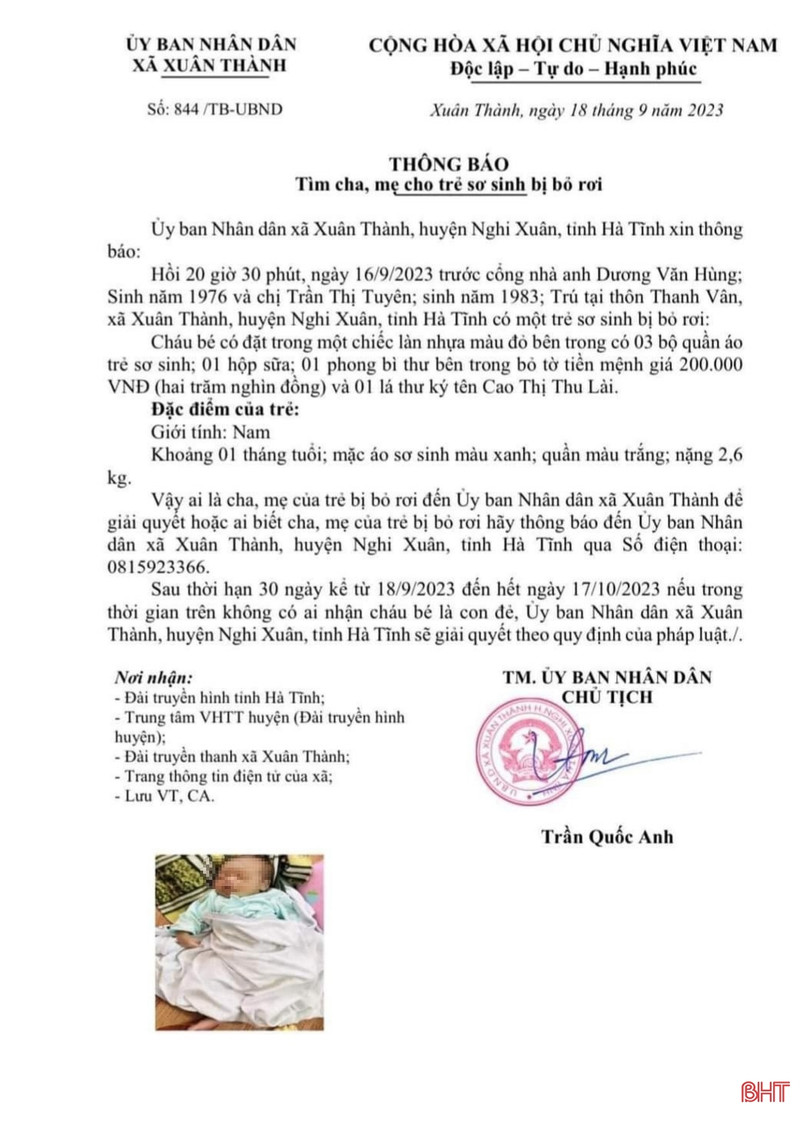 Tìm cha mẹ của bé trai bị bỏ rơi bên cổng nhà dân ở Nghi Xuân