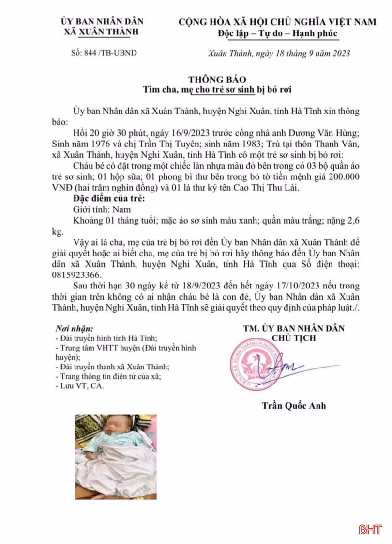 Tìm cha mẹ của bé trai bị bỏ rơi bên cổng nhà dân ở Nghi Xuân