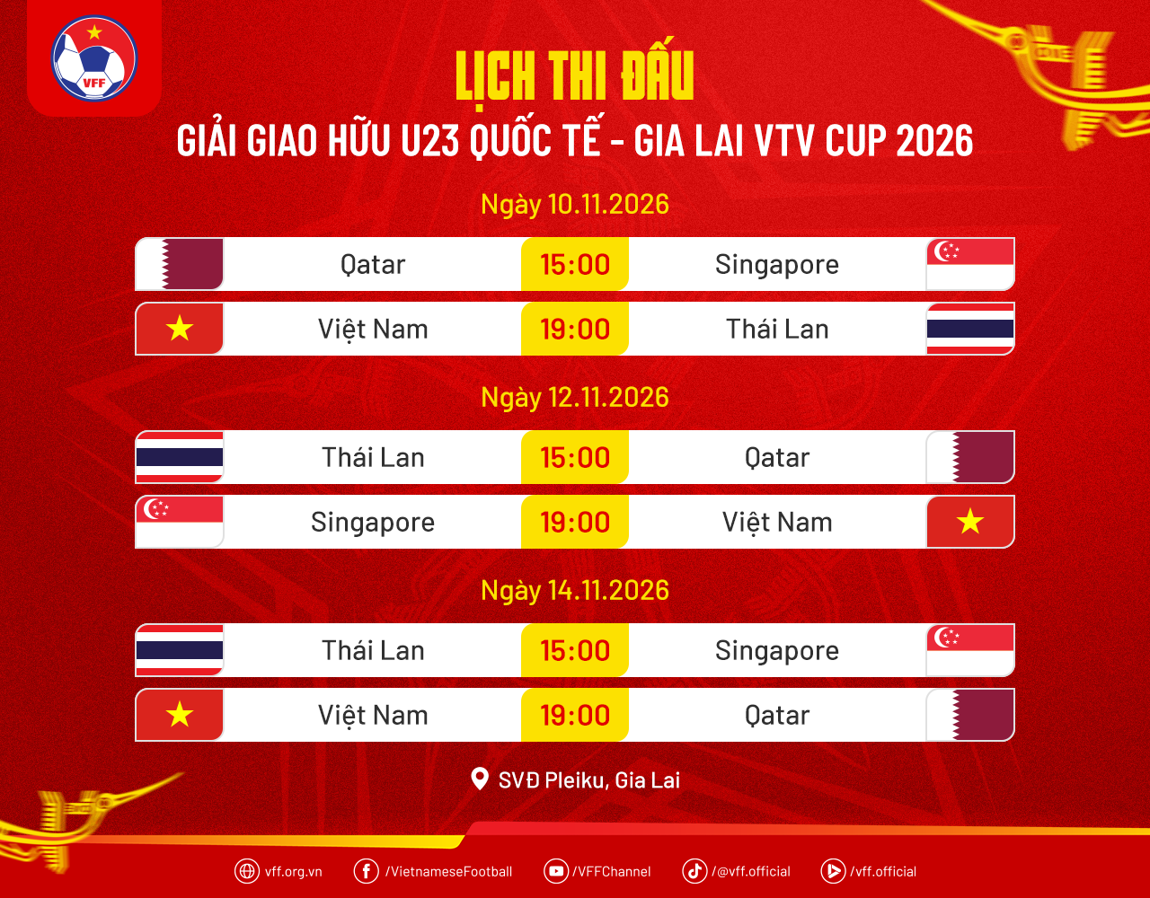 Lịch thi đấu của U23 Việt Nam tại Giải giao hữu quốc tế U23 - Gia Lai VTV Cup 2026.