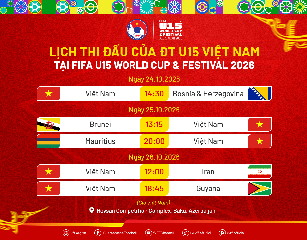 Lịch thi đấu của đội tuyển U15 Việt Nam tại FIFA U-15 World Cup &amp; Festival 2026, với trận ra quân gặp Bosnia and Herzegovina ngày 24.10. Ảnh: VFF