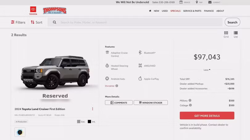 Đại lý tự hào rằng “Không nơi nào bán rẻ hơn chúng tôi” đang rao bán Toyota Land Cruiser 2024 phiên bản First Edition với giá cao hơn 20.000 USD so với niêm yết.