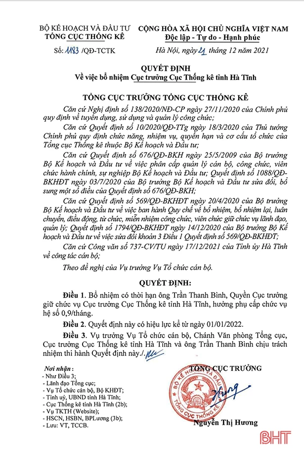 Ông Trần Thanh Bình giữ chức vụ Cục trưởng Cục Thống kê Hà Tĩnh 