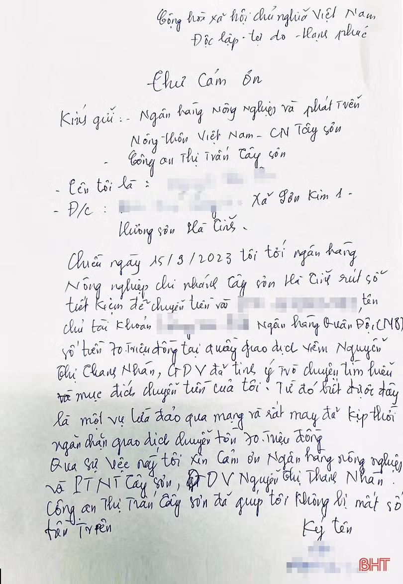 Hà Tĩnh: Tránh được vụ lừa đảo 70 triệu đồng, một người dân viết thư cảm ơn