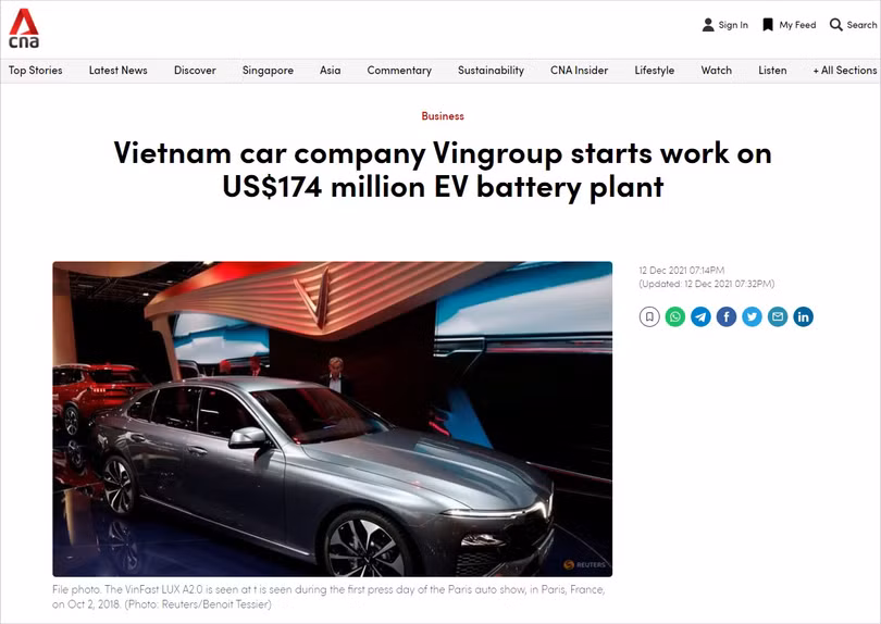 Báo chí quốc tế đưa tin về sự kiện khởi công Nhà máy Sản xuất Pin VinES tại KKT Vũng Áng