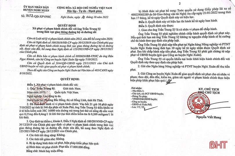 1 lái xe ở Hồng Lĩnh bị xử phạt 17 triệu đồng vì vi phạm nồng độ cồn