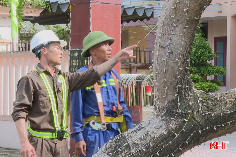 Công nhân Công ty TNHH MTV Công viên cây xanh Hà Nội cùng công nhân Công ty CP Môi trường và Công trình đô thị Hà Tĩnh tìm cách dựng lại các cây xanh trên địa bàn phường Thành Sen. bqbht_br_1.jpg