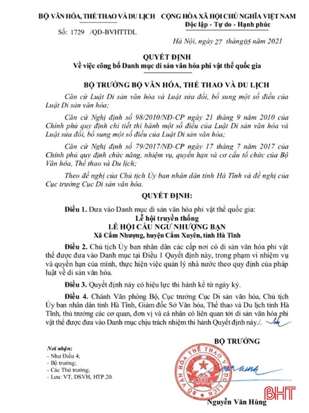 Lễ hội cầu ngư Nhượng Bạn được công nhận là di sản văn hóa phi vật thể quốc gia