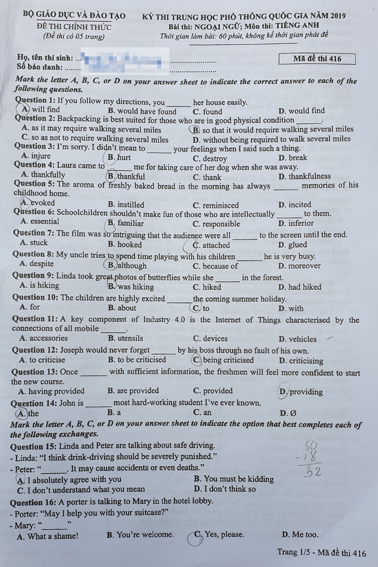 Gợi ý đáp án đề thi THPT quốc gia 2019 môn tiếng Anh
