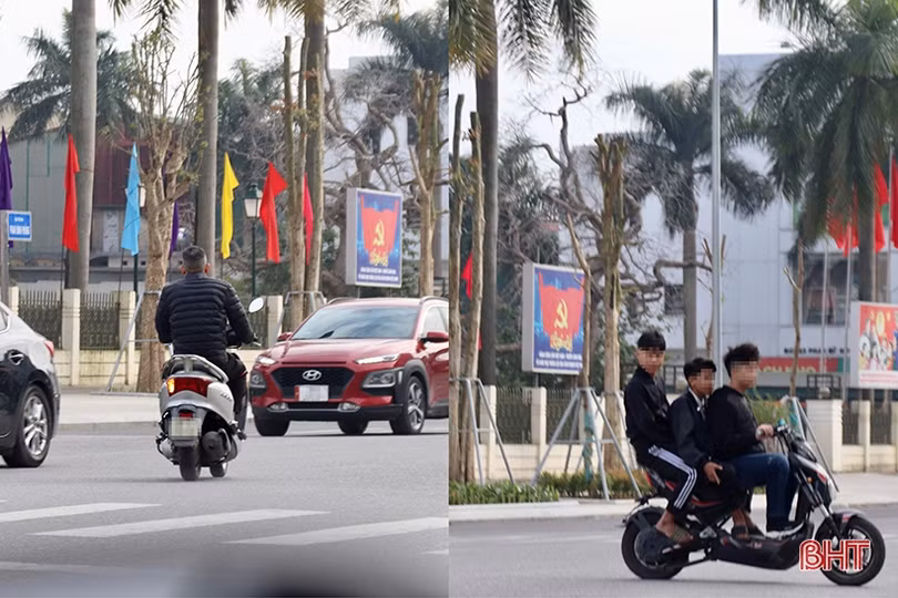 Vô tư “kẹp ba”, đầu trần điều khiển xe máy du xuân