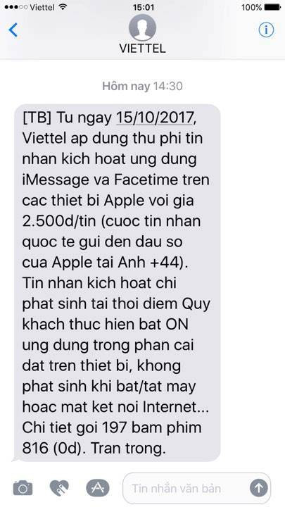 Viettel nhắn tin cho thuê bao thu phí kích hoạt dịch vụ iMessage. viettel giai thich viec thu phi dich vu kich hoat ung dung imessage va facetime
