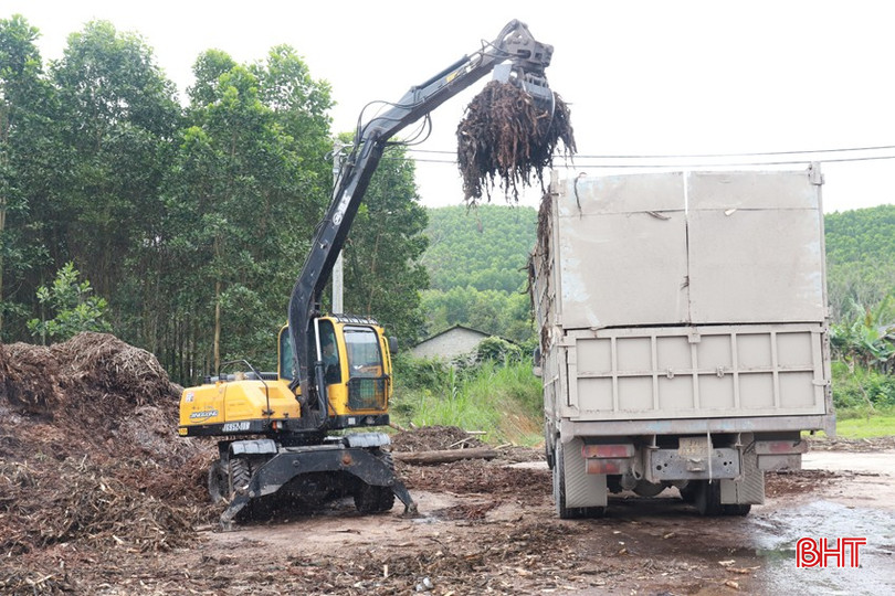 Gỗ băm dăm tại cơ sở của bà Nguyễn Thị Mai Hà được vận chuyển ra khỏi khu vực sản xuất.
