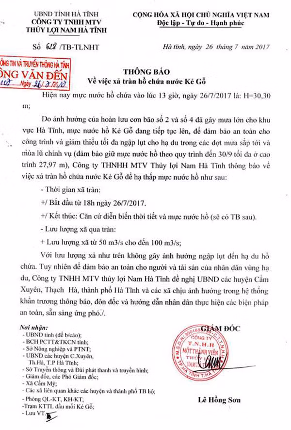 bat dau xa tran ho ke go tu 18h chieu nay