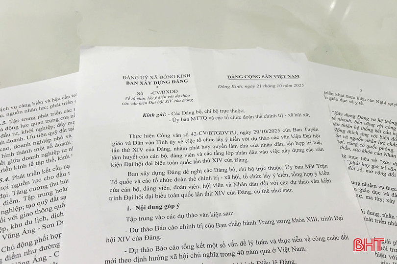 Nhiều địa phương đã kịp thời ban hành công văn, hướng dẫn lấy ý kiến góp ý dự thảo văn kiện Đại hội XIV của Đảng. bqbht_br_z7145296049980-00fc1dc03e83273437775cdfb24b75bb.jpg