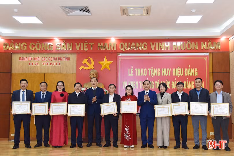 Lãnh đạo Đảng ủy Khối trao giấy khen cho các tổ chức đảng.