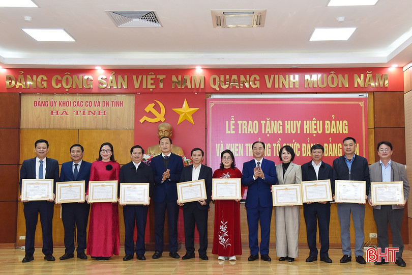 Lãnh đạo Đảng ủy Khối trao giấy khen cho các tổ chức đảng.