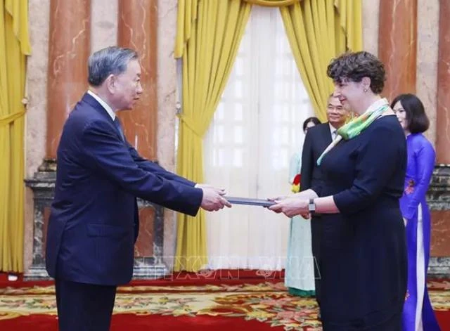 Tổng Bí thư, Chủ tịch nước Tô Lâm nhận Quốc thư từ Đại sứ Cộng hoà Liên bang Đức tại Việt Nam Helga Margarete Barth. Ảnh: TTXVN