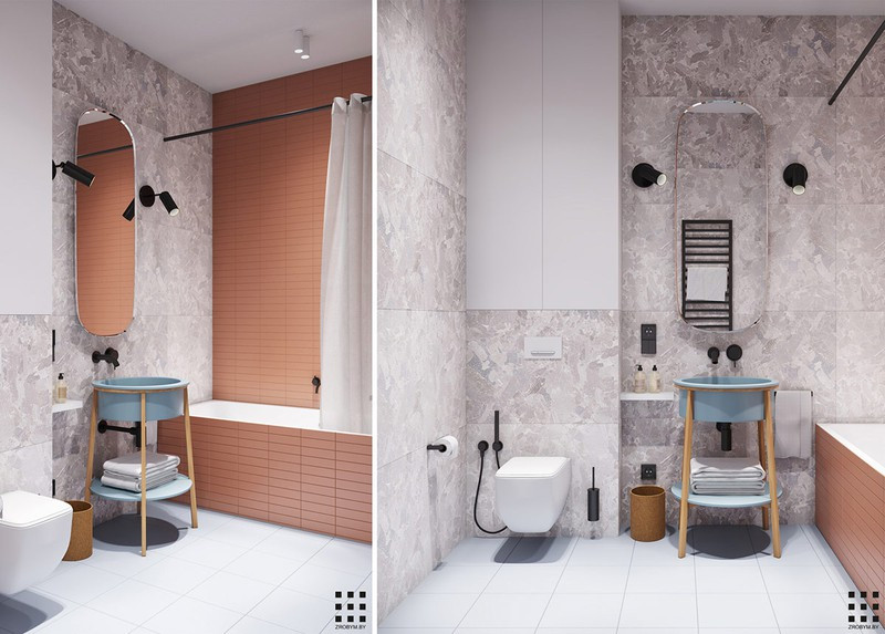 Căn hộ trang trí bằng màu xanh và hồng pastel