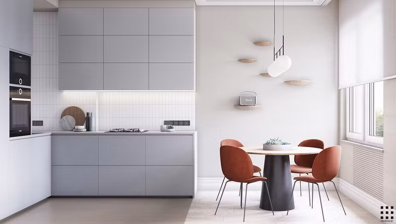 Căn hộ trang trí bằng màu xanh và hồng pastel