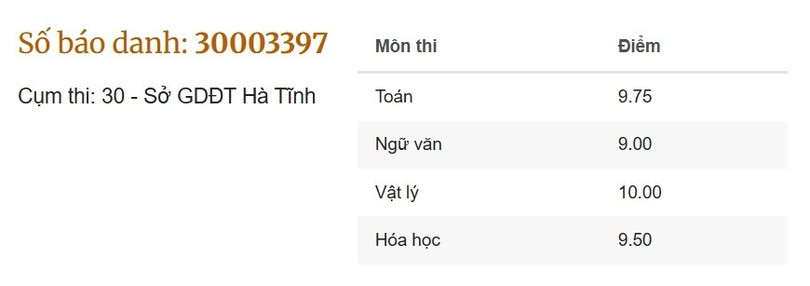 Bảng điểm của thí sinh có tổng điểm thi tốt nghiệp THPT năm 2025 cao nhất tỉnh Hà Tĩnh. thu-khoa-tong-diem-1.jpg