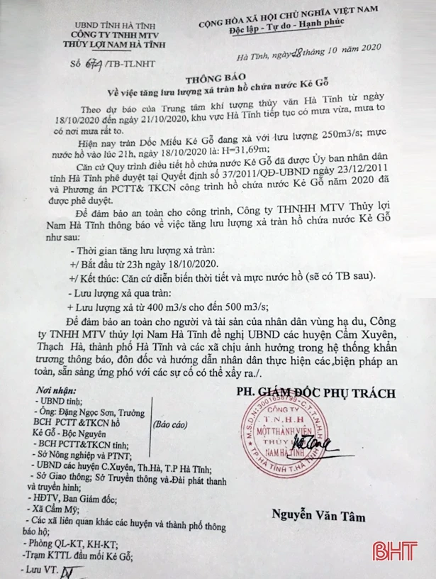 Hồ Kẻ Gỗ tăng lưu lượng xả tràn lên 400m<sup>3</sup>/s từ 23h đêm nay