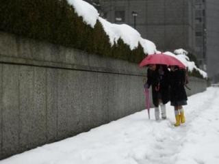 Hai học sinh Nhật Bản trên một con đường đầy tuyết ở thủ đô Tokyo ngày 15.2 - Ảnh: Reuters