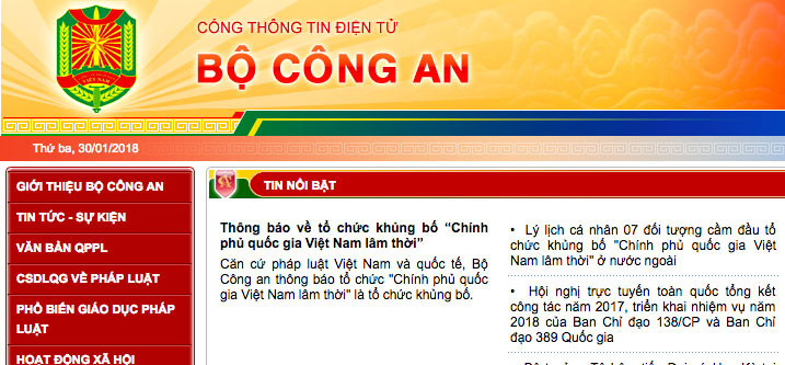 bo cong an thong bao ve to chuc khung bo chinh phu quoc gia viet nam lam thoi