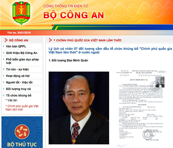 bo cong an thong bao ve to chuc khung bo chinh phu quoc gia viet nam lam thoi