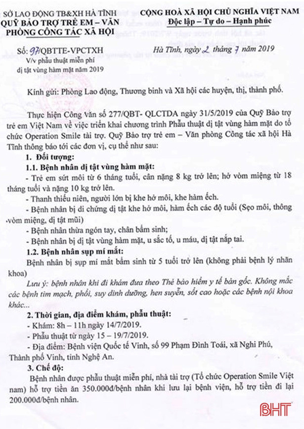 Bệnh nhân Hà Tĩnh bị dị tật vùng mặt sẽ được khám, phẫu thuật miễn phí