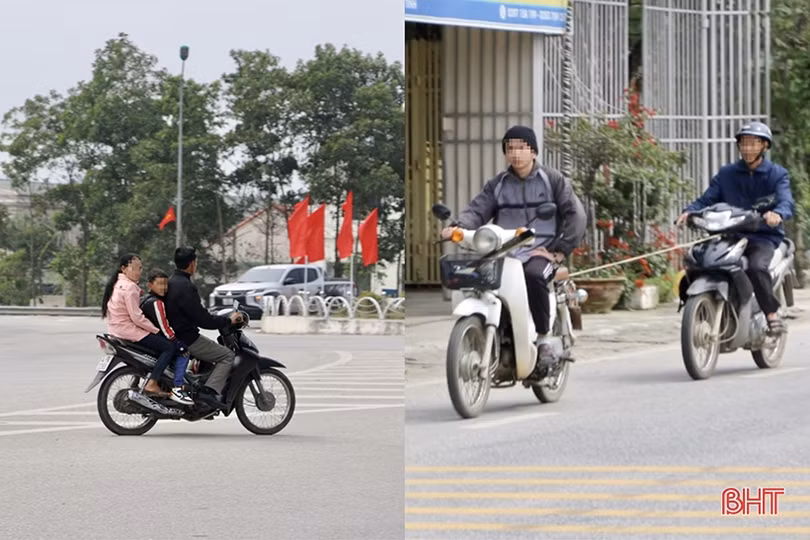 Vô tư “kẹp ba”, đầu trần điều khiển xe máy du xuân