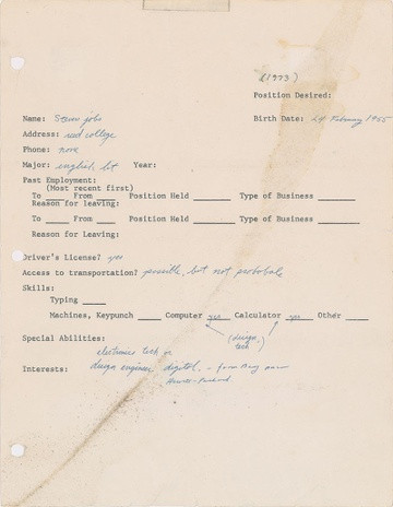 Đơn xin việc của Steve Jobs được đấu giá hơn 200.000 USD. Ảnh: BidSpotter. Đơn xin việc của Steve Jobs có giá hơn 200.000 USD