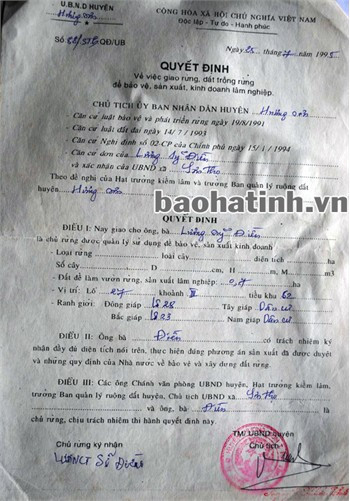 Quyết định giao đất cho gia đình anh Sơn của UBND huyện Hương Sơn