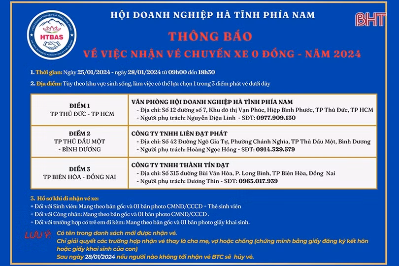 Hội Doanh nghiệp Hà Tĩnh phía Nam phát vé xe tết “0 đồng” từ ngày 25/1