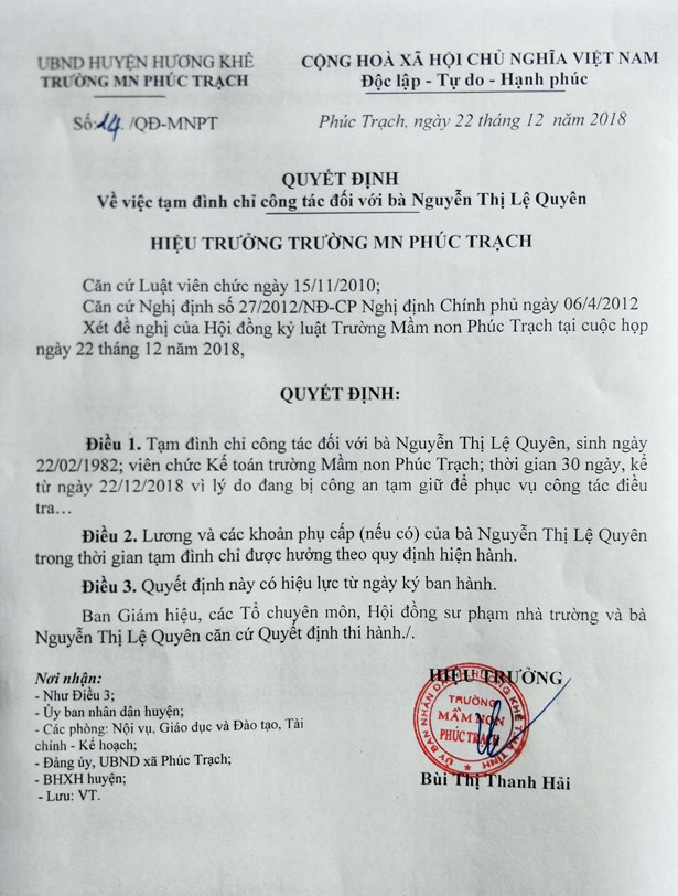 Đình chỉ công tác 2 cán bộ ngành giáo dục Hương Khê liên quan đến sử dụng ma túy