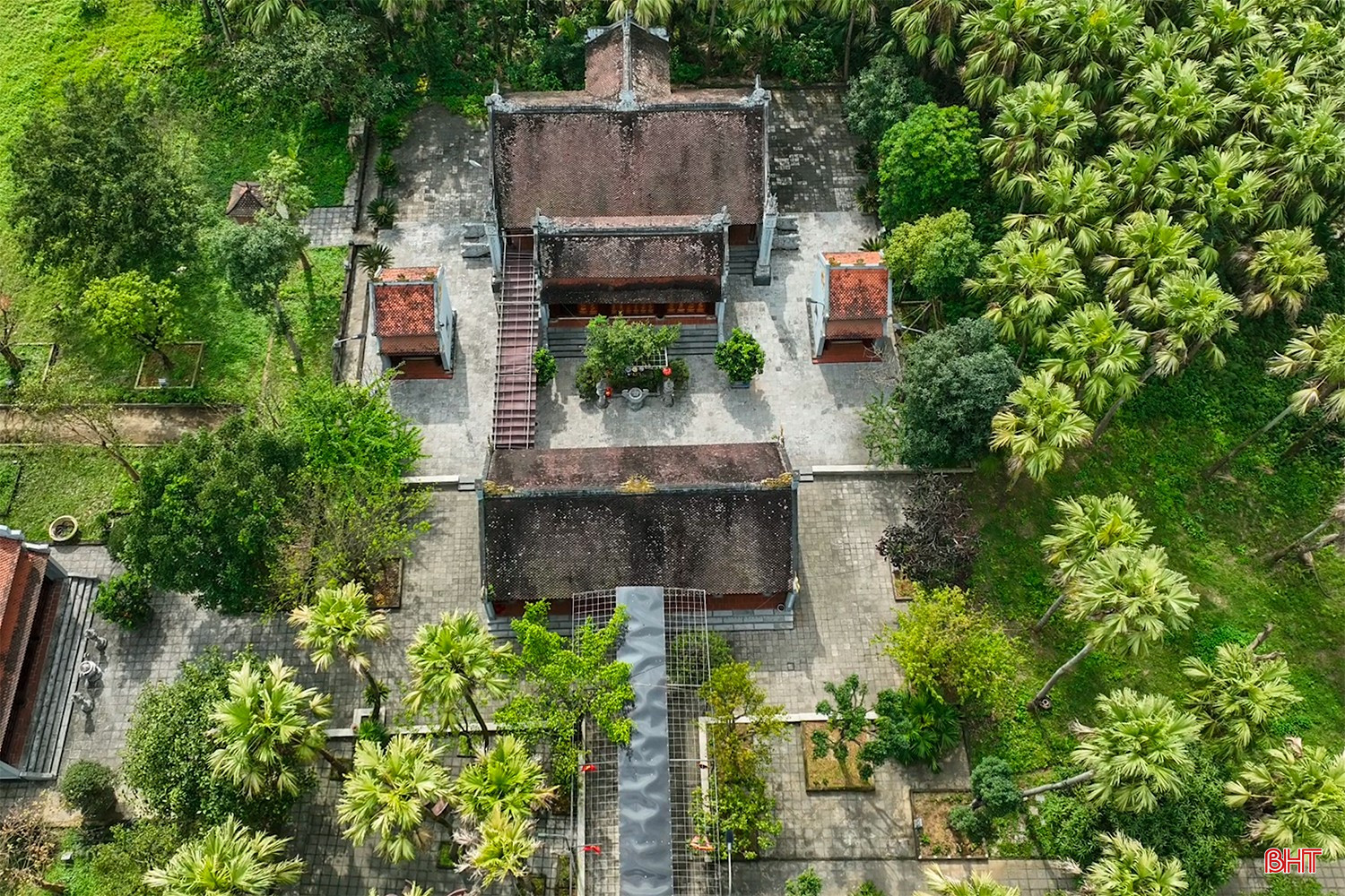 Nhìn từ trên cao, miếu Mây nổi bật giữa một “biển xanh” của cây cọ.