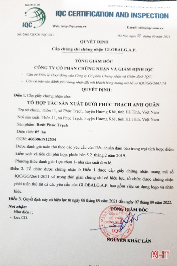 Hà Tĩnh có trang trại bưởi đầu tiên đạt chứng nhận GlobalGAP