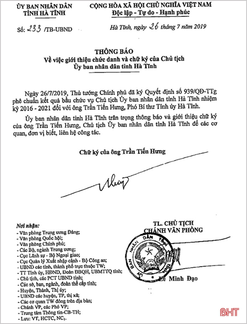Giới thiệu chức danh, chữ ký của Chủ tịch UBND tỉnh Hà Tĩnh