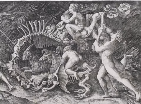 Bản in Lo Stregozzo (Đám rước phù thủy) với tạo hình mụ phù thủy già nua và hung ác Bản in Lo Stregozzo (Đám rước phù thủy) với tạo hình mụ phù thủy già nua và hung ác