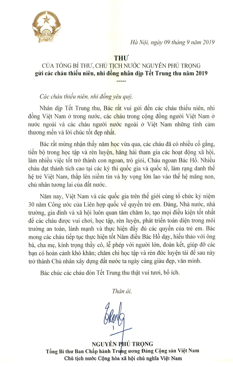 Tổng Bí thư, Chủ tịch nước gửi thư chúc Tết Trung thu thiếu nhi