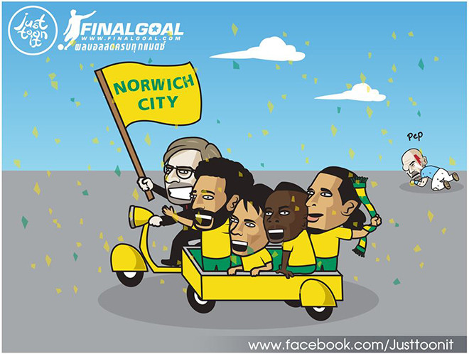 Ảnh chế: Liverpool cổ vũ Norwich, “hả hê” khi Man City ngã ngựa