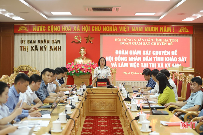 Trưởng ban Kinh tế - Ngân sách HĐND tỉnh Nguyễn Thị Thúy Nga phát biểu tại cuộc làm việc với TX Kỳ Anh. khaong-san-01-6771-7031.jpg
