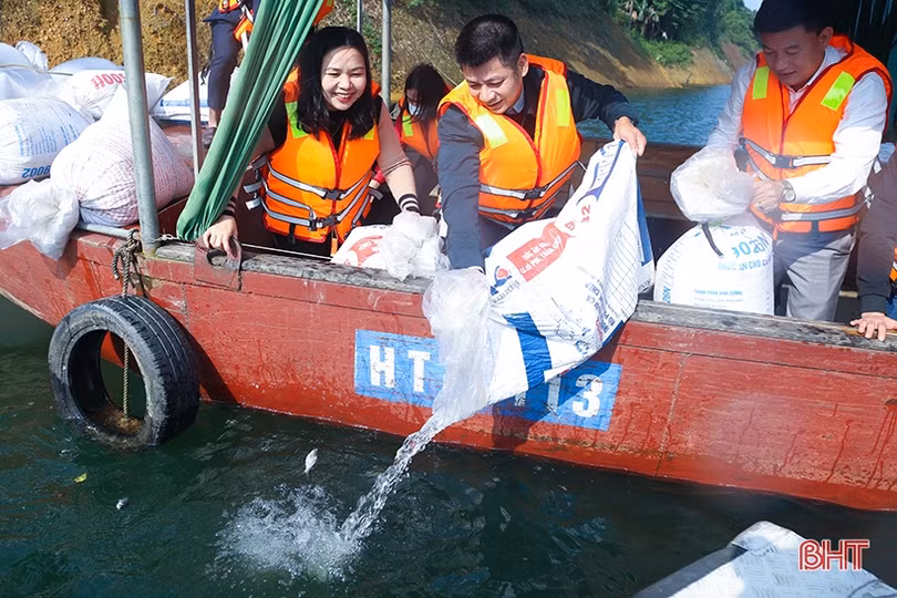 Thả gần 2,4 tấn cá giống xuống hồ Ngàn Trươi