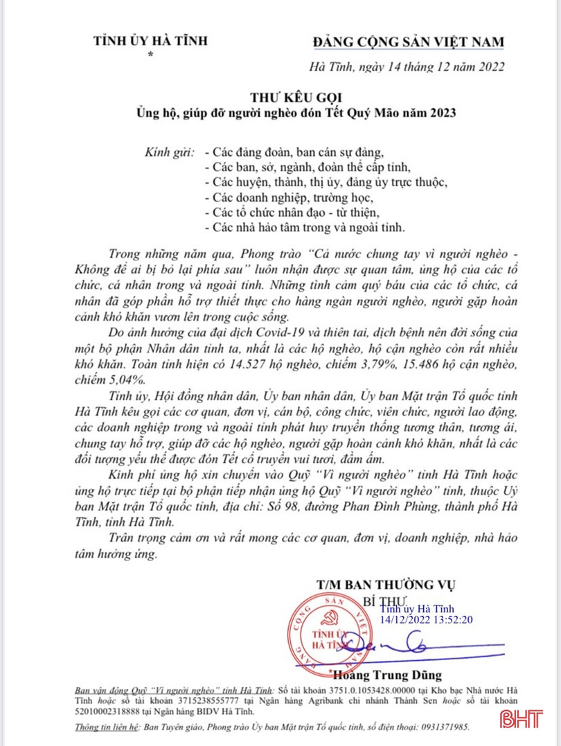 Hà Tĩnh kêu gọi ủng hộ, giúp đỡ người nghèo đón Tết Quỹ Mão