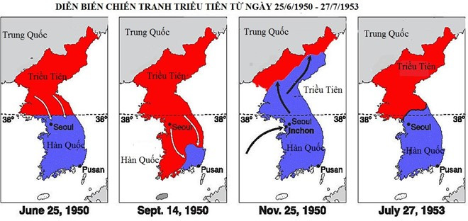 Diễn biến Chiến tranh Triều Tiên. Đồ họa: Pacifism21 cuoc chien dam mau tren ban dao trieu tien 64 nam truoc