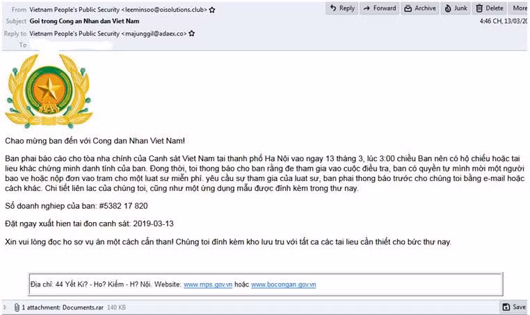 Phát hiện chiến dịch phát tán mã độc GandCrab 5.2 vào Việt Nam qua email giả mạo Bộ Công an